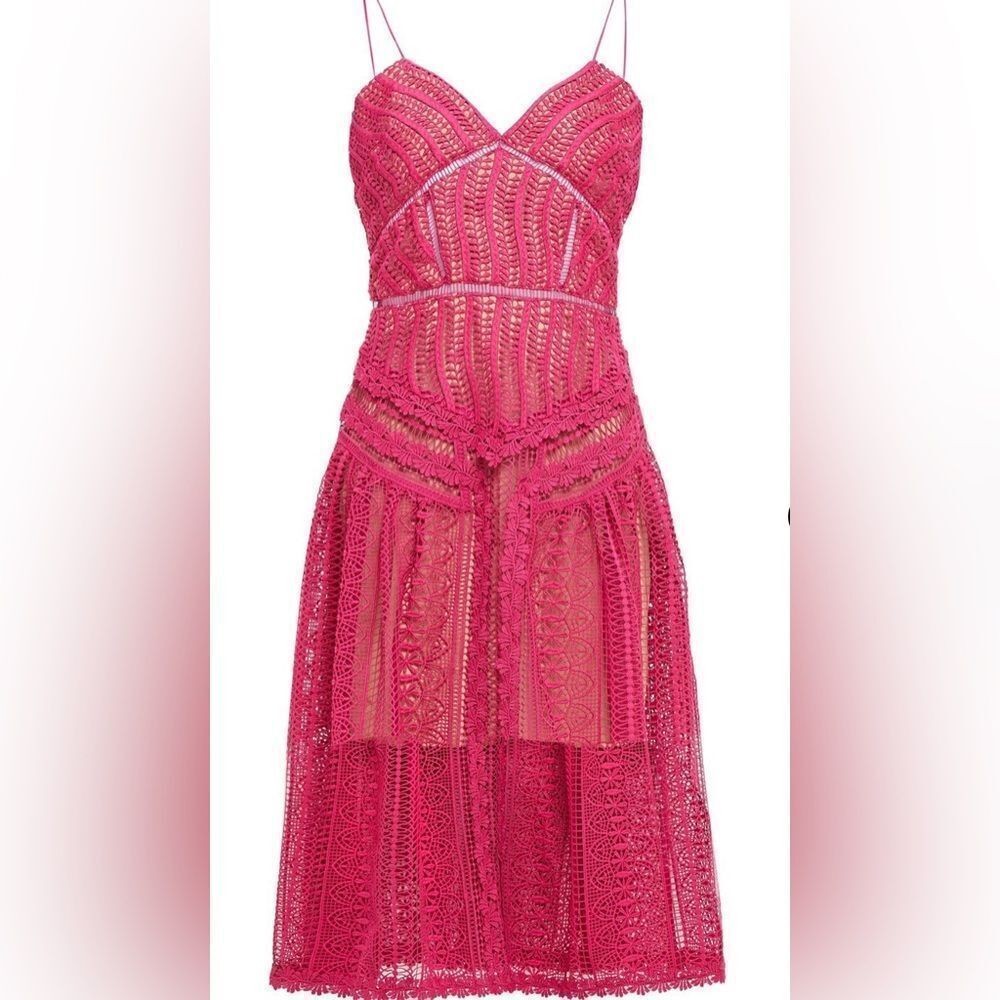 Self-Portrait Fuchsia Guipure Lace Spiral Midi Dress, Nude Lining, US4, UK8 EX++